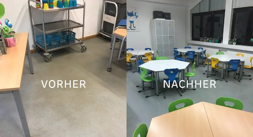 Klassenraum vor und nach der Grundreinigung